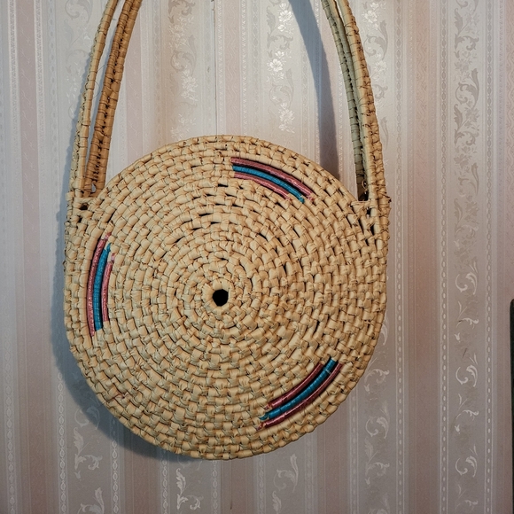 Vintage Round Woven Straw Tote Bag Boho Basket Purse with Long Handles - Picture 1 of 8